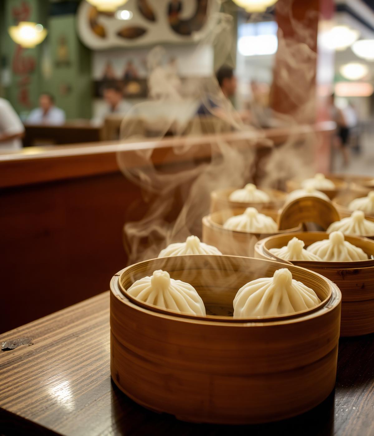 Dim sum cantonais dans des paniers en bambou dans un restaurant local