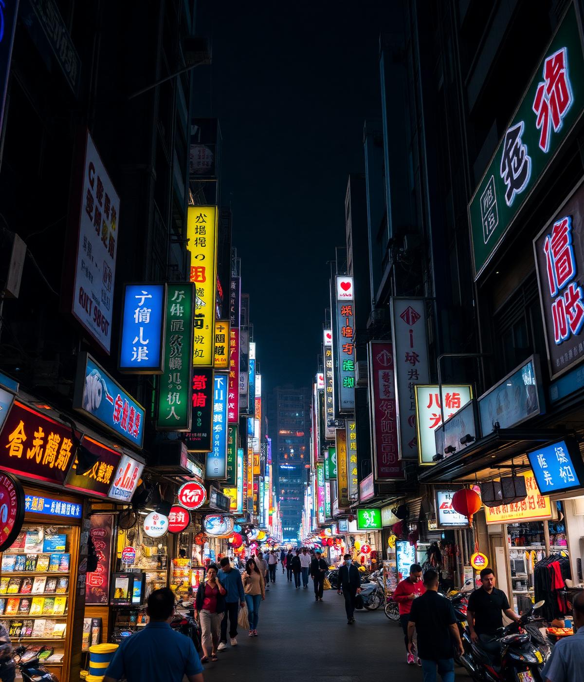 Marché d'électronique de Huaqiangbei à Shenzhen la nuit, enseignes lumineuses